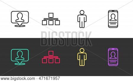 Set Line Location With Person, Hierarchy Organogram Chart, User Of Man And Mobile Resume On Black An