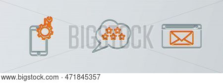 Set Line Mail And E-mail, Mobile Service And Five Stars Rating Review Icon. Vector