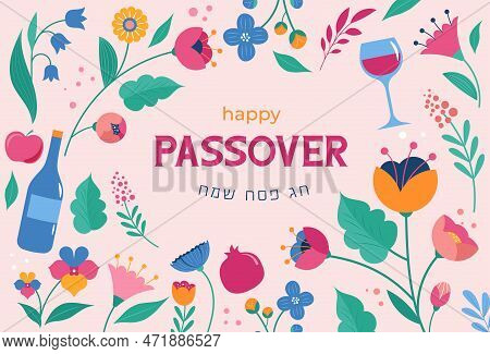 Jewish Holiday Passover, Pesach. Greeting Card, Banner With Traditional Icons. Springtime Concept De