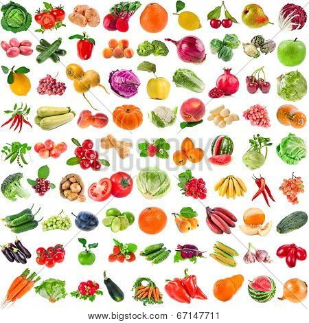 Large Collection set of Various Fresh Ripe Vegetables, Fruits, Berries close up isolated on white background