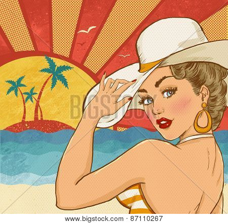 Comic illustration of girl  on the beach. Pop Art girl. Party invitation. Hollywood movie star.Vinta