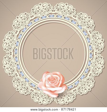 White empty lace frame doily with realistic rose on beige background