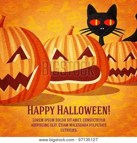 Happy halloween greeting card with black cat and carved pumpkins fading to the perspective.