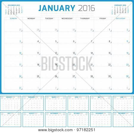 Calendar Planner 2016. Vector Design Template. Set Of 12 Months. Week Starts Sunday