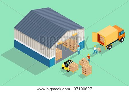 Isometric warehouse. Loading and unloading from warehouse