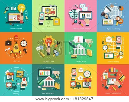 infographics background business. Business concept. Set icons email marketing network communication digital marketing start up business idea contact center internet banking shopping account management.