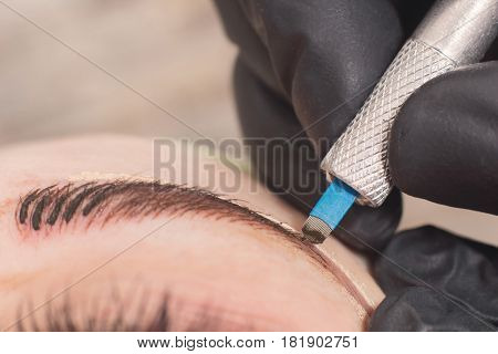 Cosmetologist Applying Permanent Make Up On Eyebrows. Permanent Tattooing Of Eyebrows.