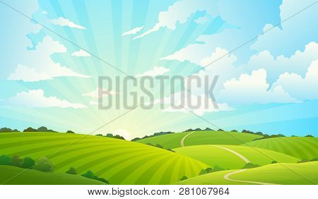 Fields Landscape. Scenic Green Hills Nature Sky Horizon Meadow Grass Field Rural Land Agriculture Gr