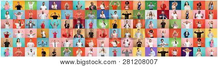 The Collage Of Faces Of Surprised People On Colored Backgrounds. Happy Men And Women Smiling. Human 