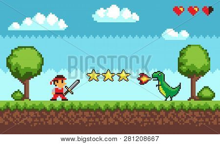 Pixel Retro Style Of 8bit Game Mode Character Arcade Vector. Man With Sword Fighting Against Dangero