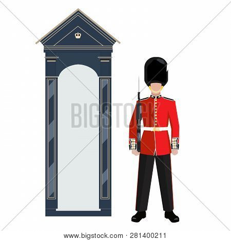 Sentry Of The Grenadier Guards Outside Buckingham Palace. A Soldier In A Red Uniform And Bearskin Ca