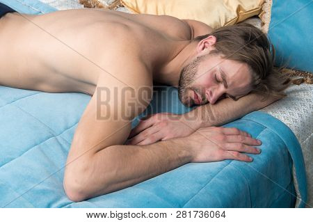 Lost In A Deep Sleep. Handsome Man Having Sleep Bedroom. Sleeping Man In Morning. He Needs More Slee