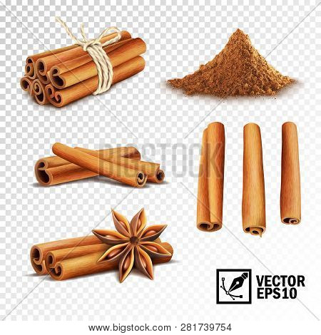 3d Realistic Vector Set Of Cinnamon ( Cinnamon Sticks Tied With A Rope, Anise Stars And A Pile Of Ci