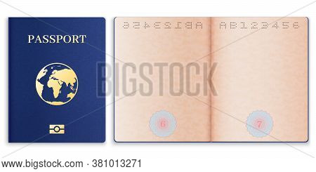 Passport Mockup. Realistic Blank Open Pages Paper With Watermark Foreign Passport, Document Cover Wi