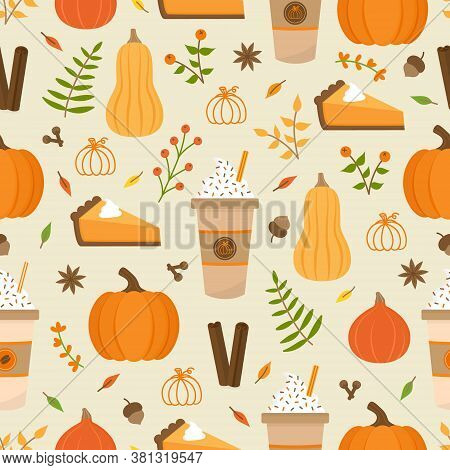 Pumpkin Spice Season Vector Hand Drawn Seamless Pattern. Cute Orange Pumpkin, Cup Of Coffee, Pumpkin