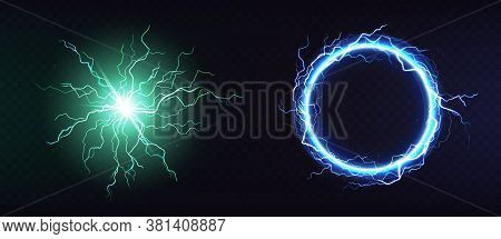 Electric Ball, Round Lightning Frame, Blue Thunderbolt Circle Border, Magic Portal, Energy Strike. G