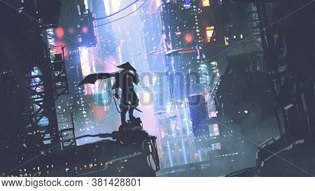 Futuristic Samurai Standing On A Building In Cyberpunk City At Rainy Night, Digital Art Style, Illus