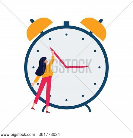 Daylight Saving Time Concept. Young Woman Turn The Hand Of The Clock. Turning To Winter Or Summer Ti