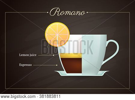 Romano Coffee Drink Recipe. Cup Of Hot Tasty Beverage On Blackboard. Preparation Guide With Layers O