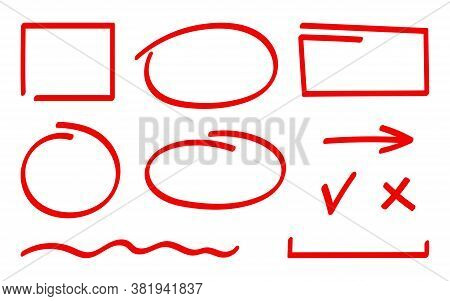 Set Of Correction And Highlight Elements. Red Hand Drawn Marker Elements, Blank Circle And Square, A