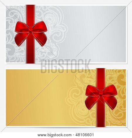 Voucher/ Gift certificate / Coupon template with border, frame, bow (ribbons). Cold, silver colors