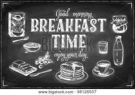 Vector hand drawn breakfast and branch background on chalkboard.