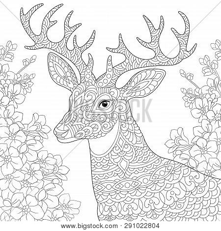 Coloring Page. Coloring Book. Anti Stress Colouring Picture With Deer And Spring Flowers. Freehand S