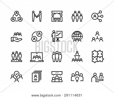 Team Work Line Icons. Business Person Group Work Human Support Teamwork Leadership Working Together.