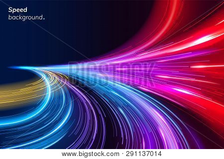 Abstract Colorful Speed Background With Lines In Shape Of Track Turn. Geometric And Dynamic, Trendy 