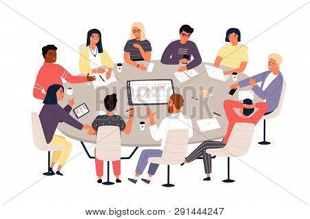 Clerks Or Colleagues Sitting At Round Table And Discussing Ideas Or Brainstorming. Business Meeting,