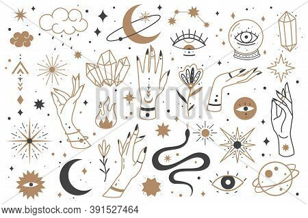 Mystic Line Elements. Magic Contour Icons Hand Drawn Doodle Minimalistic Witch Fairy Golden Symbol A