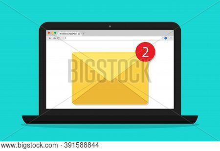 Mail In Computer. Email Window In Laptop Screen. Newsletter With Alert. Icon Of Message And Notifica