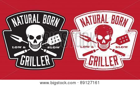 Natural Born Griller barbecue vector image with skull and crossed utensils.