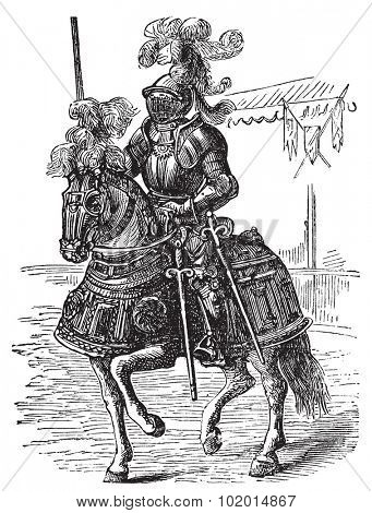 Ironclad full bodied armored horse and rider old engraving. Old engraved illustration of a medieval knight on his horse, in full armor.