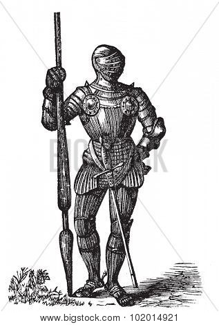 Henry VII armor, King of England, old engraving. Vector, engraved illustration of King Henry VII full body armor, with his lance and sword.