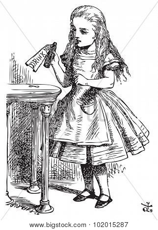 Alice in Wonderland. Drink me. Alice is picking up a small bottle on the table, which has a label that you can read Drink Me.Alice's Adventures in Wonderland. Illustration from John Tenniel