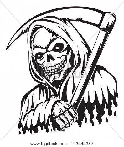 Tattoo design of a grim reaper holding a scythe, vintage engraved illustration.