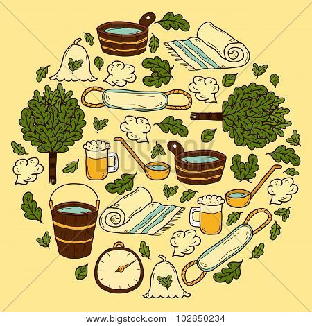 Vector background in circle shape with cartoon hand drawn sauna objects: broom, towel, hat, wisp, be