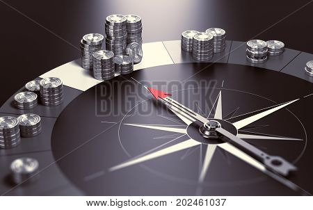 Compass over black background with needle pointing the biggest pile of money Concept of making profits and good investment advice or wealth management. 3D illustration.