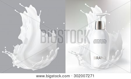 Milk Cosmetics Realistic Vector Blurred Background. Skin Care Cosmetic Product, Body Lotion In White