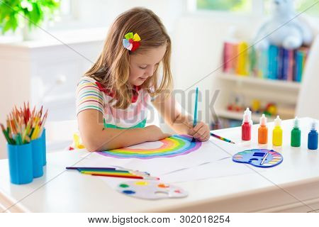 Kids Paint. Child Painting. Little Girl Drawing.