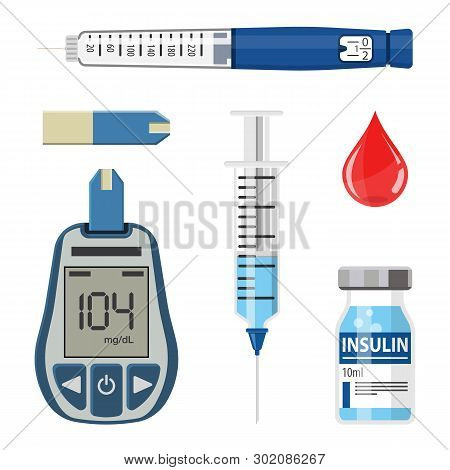 Control Your Diabetes Concept. Icons Set With Blood Glucose Meter, Insulin Pen Syringe. Isolated Vec