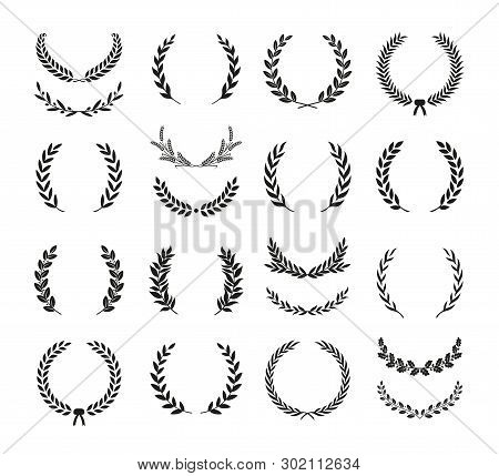 Collection Of Different  Silhouette Laurel Foliate, Wheat, Oak And Olive Wreaths Depicting An Award,