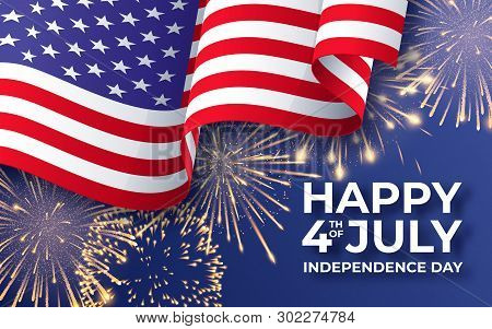 Usa Independence Day. Banner With Waving American National Flag And Fireworks. 4th Of July Poster Te