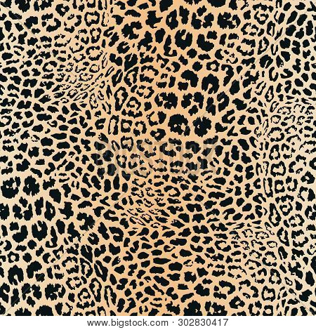 Realistic Leopard Print. Animal Skin Seamless Pattern. Vector Background With Black Spots On Brown A