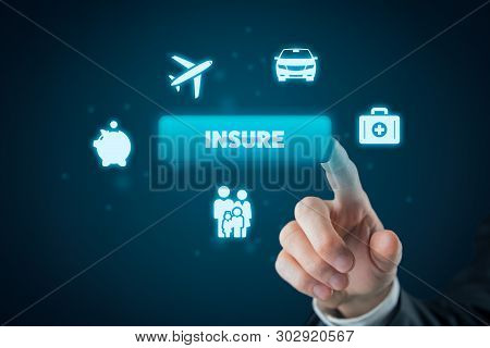 On-line Insurance Concept. Businessman (or Insurance Agent Or Client) Click On Insure Button. Insura