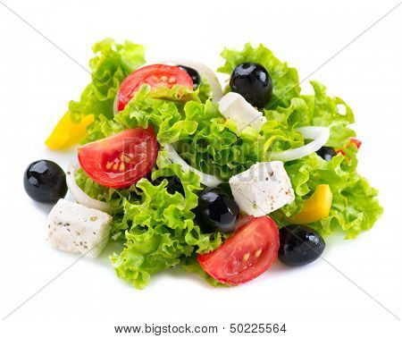 Salad. Greek Salad isolated on a White Background. Mediterranean Salad with Feta Cheese, Tomatoes and Olives 