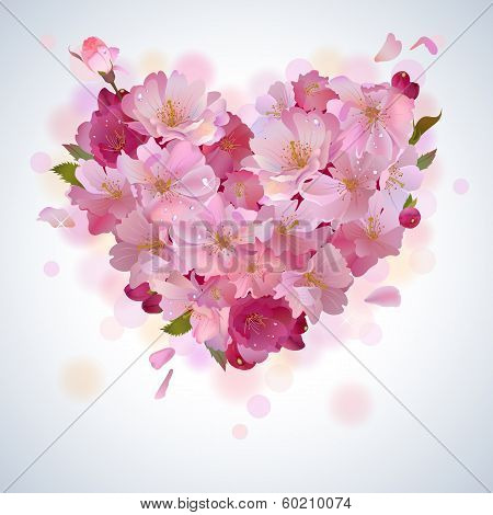 Vector background with cherry petal heart