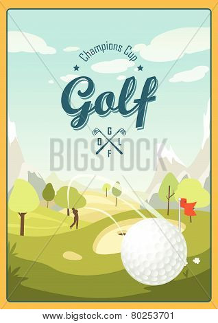 Golf Ball And A Beautiful Landscape. Golf Club. Poster For Sport. Beautiful Sunny Day On The Golf Co