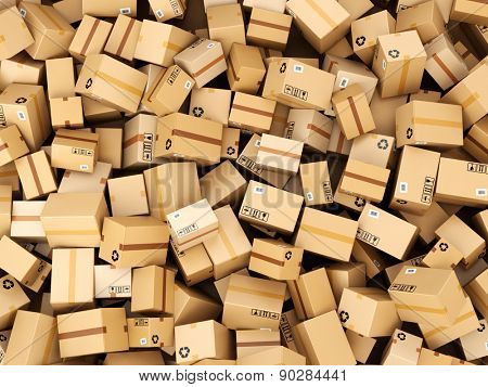 Stack of cardboard delivery boxes or parcels. Warehouse concept background. 3d